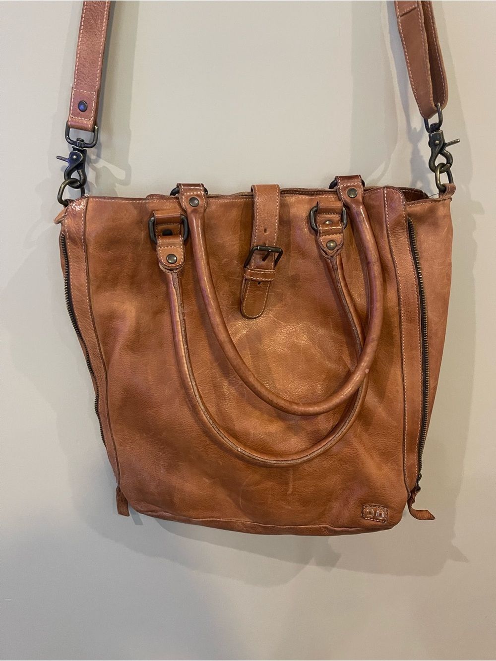 Bed Stu Mildred Distressed Cognac Brown Leather Shoulder Tote or Crossbody. - Picture 3 of 7